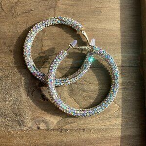 2 inch hoop rhinestone earrings iridescent